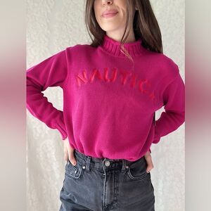 Vintage 90s Embroidered Nautica Orange & Pink Mock Neck Knit Sweater
